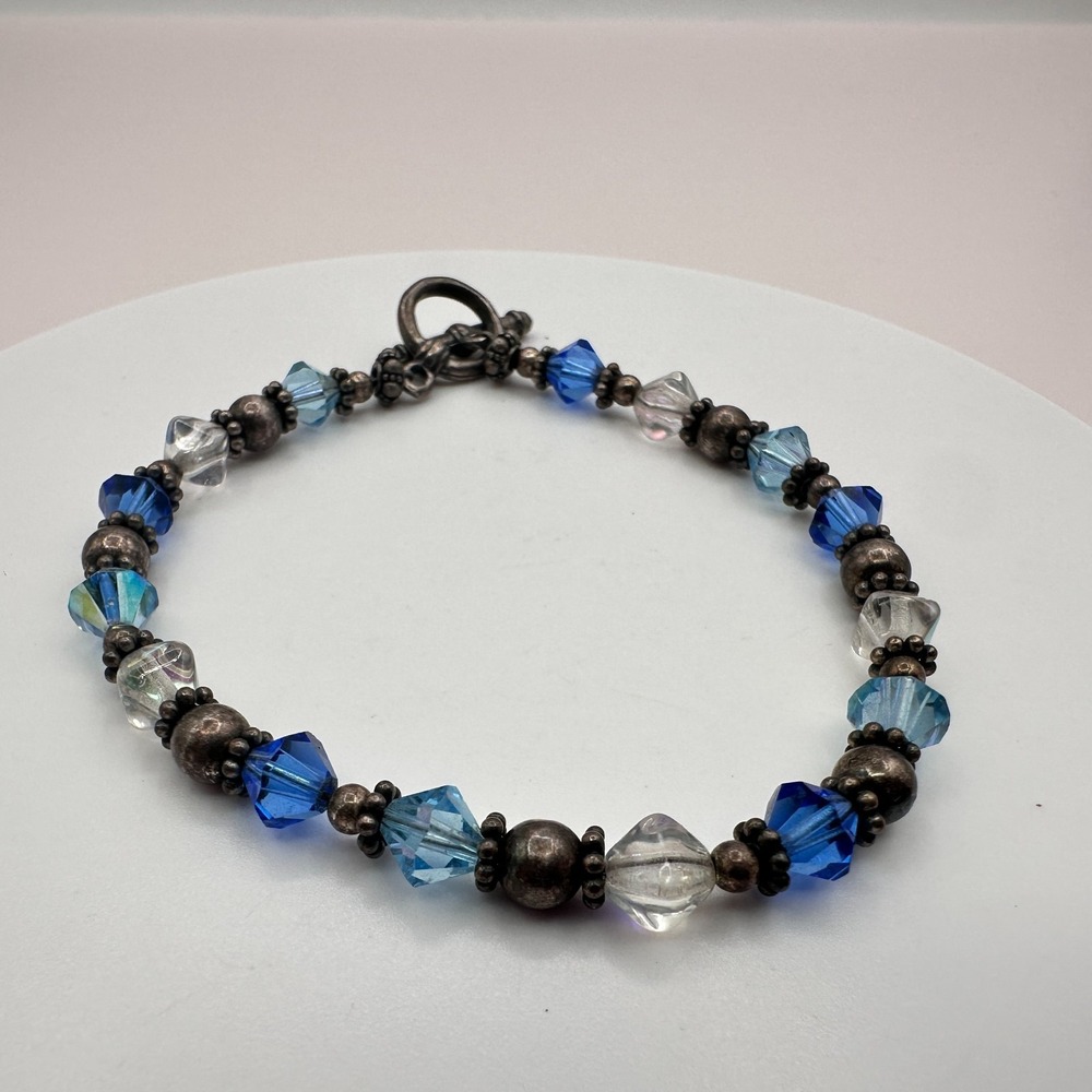 Vintage 90s Blue Glass Beaded SilverTone Boho Stackable Bracelet